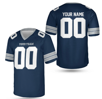 Maillot de football américain personnalisé imprimé numériquement 100% polyester violet blanc or col en V manches courtes anti-transpiration unisexe