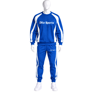 Ensemble de survêtement bleu royal unisexe, sweat-shirt à col rond et pantalon de jogging, bande latérale contrastée, tenue de sport et d'entraînement athlétique - Product Image 1