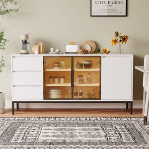 Kitchen Side Panel Storage Cabinet with 3 Drawers <b>Buffet</b> Console Display Rack with Room Doors Pantry Console <b>Table</b> - Product Image 1