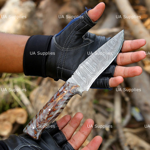 Couteau de chasse d'extérieur à lame fixe en acier Damas, pointe tombante, épaisseur 0,5 mm, avec poignée en forme de cône de pin et étui en cuir, couteaux OEM à marque privée - Product Image 6