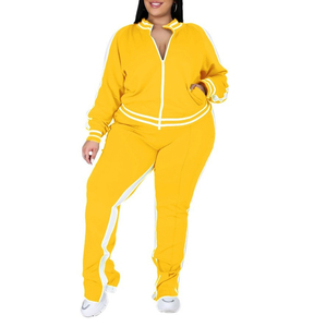 Ensemble de survêtement décontracté deux pièces pour femme grande taille, à capuche, imprimé, écoresponsable, à manches longues, zippé, rayé et ajouré, automne-hiver - Product Image 6