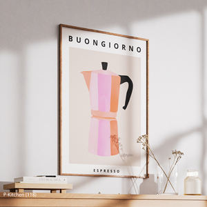 ภาพพิมพ์บนผ้าใบลายครัวสไตล์โมเดิร์นเรโทร ตกแต่งร้านกาแฟโทนสีชมพูและสีส้ม พร้อมเครื่องชงกาแฟแบบโมก้าพอท - Product Image 3
