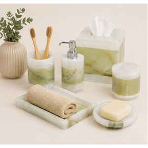 Ensemble d'accessoires de salle de bain en marbre vert naturel, collection moderne en pierre polie pour comptoir, comprenant un distributeur de savon pour hôtel - Product Image 6