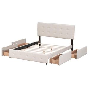 Letto matrimoniale imbottito beige con testiera classica in lino e 4 cassetti in MDF, stile morbido, non richiede rete a molle - Product Image 6