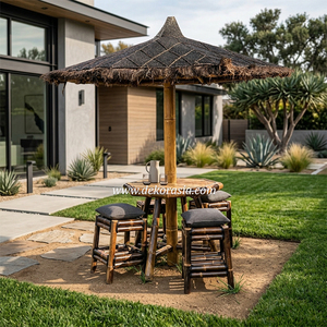 Natural Bamboo Outdoor <b>Table</b> Set with Umbrella Roof and Bar Chairs for Garden <b>Patio</b> Resort Furniture Decor - Product Image 2