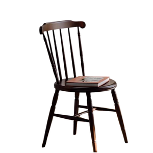 Silla de comedor clásica Windsor de madera oscura con respaldo de espiga, asiento redondo y patas torneadas; apta para uso en interiores o exteriores. - Product Image 4