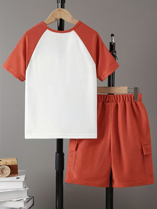 Color-Blocked Jersey TEE Shorts Set Outdoor Boys Summer Casual Stylish Print Worsted Fabric Short Sleeves Solid - Product Image 3