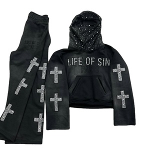 Premium Quality Custom Zipper Sweat suit Diamond Glitter Rhinestone Jogger Flared Tracksuit Sweatpants and Mask <b>Hoodie</b> Set - Product Image 1