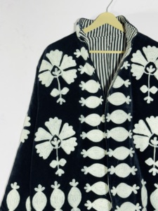 Black Velvet Floral Embroidered Suzani Jacket | Handmade Boho Folk Art <b>Coat</b> | <b>Reversible</b> Vintage Statement Outerwear - Product Image 4