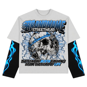 เสื้อยืดสตรีทแวร์พรีเมียมสั่งทำพิเศษ ทรงโอเวอร์ไซส์ ลายกราฟิก Y2K แขนสองชั้น พิมพ์ลายหัวกะโหลก สไตล์วินเทจ ผู้ผลิตเสื้อผ้าแบรนด์ส่วนตัว - Product Image 1