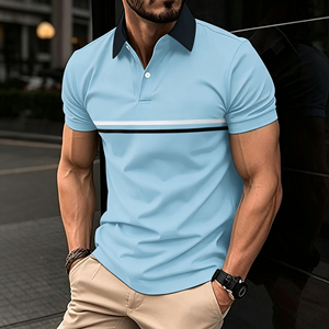 Camisas Polo Blancas para Hombre, con Bloques de Color, Rayas, Manga Corta, Cuello Negro, Algodón y Poliéster, Casuales, de Verano, Clásicas, al por Mayor - Product Image 4