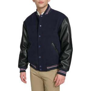 Veste de sport pour homme bleu marine avec manches en cuir PU, col rabattu, simple boutonnage, style décontracté, vêtement d'automne - Product Image 1