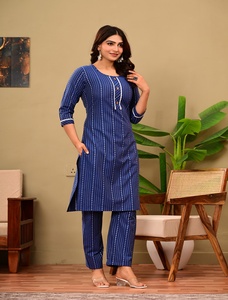 Conjunto de pantalón y kurta de algodón azul elegante para mujer, para uso en la oficina - Product Image 4