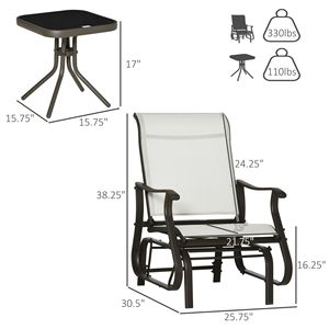 Set da 3 Pezzi con Sedia a Dondolo e Tavolino, 2 Sedute Oscillanti, Telaio in Acciaio, Piano in Vetro Temperato per Giardino, Patio, Ospedale, Esterni - Product Image 3