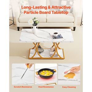 Tavolino da Caffè Moderno a 2 Livelli in Finto Marmo con Gambe Geometriche in Metallo, Robusto e Minimalista per Soggiorno - Product Image 5