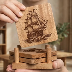 Wooden Square <b>Coaster</b> Set with Ship Design Rustic Handmade Mats & Pads Reusable 10cm Diameter <b>Beads</b> Art - Product Image 1