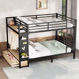 Queen Over Queen Metal Bunk <b>Bed</b> with <b>Storage</b> Shelves Drawers Pegboard for Teens <b>Black</b> Color - Product Image 3