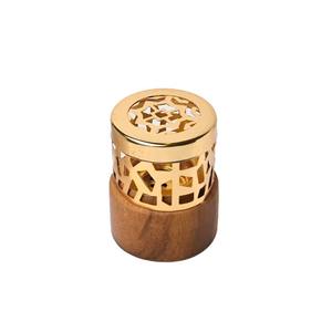 Minimalist Gold Metal Bakhoor Burner with Natural Wood Base Cylindrical Incense Censer for Oud Resin and Frankincense - Product Image 1