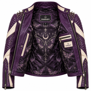 Blouson de motard pour femme en cuir véritable violet crème, avec impression artistique personnalisée motif papillon, bicolore contrastant et clouté, Fabricant - Product Image 5