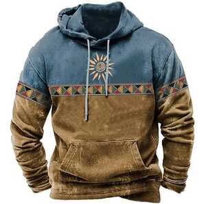 Sweat-shirt à capuche en molleton pour homme, imprimé soleil géométrique, décontracté, pour l'hiver, coupe classique, 100 % coton tricoté respirant, numérique - Product Image 3