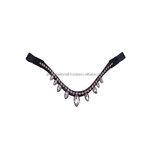 Banda de cejas cristalizada de cuero genuino para equitación ecuestre de alta calidad Cristales ostentosos con cierre de bucle de botón a presión - Product Image 1