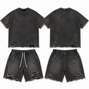 Ensemble T-shirt et short pour homme, été, déchiré, délavé à l'acide, respirant, 280 GSM, look tendance, streetwear, coton - Product Image 1