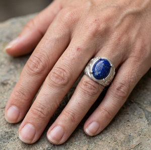 Best Selling 925 Sterling <b>Silver</b> 10x12mm Oval Shape Lapis Lazuli Gemstone <b>Ring</b> Bezel Setting Plant Pattern Unisex Everyday Wear - Product Image 4