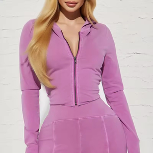 Ensemble de survêtement violet pour femme avec fermeture éclair sur le devant, pantalon évasé à manches longues, combinaison sexy unie extensible pour le printemps - Product Image 3