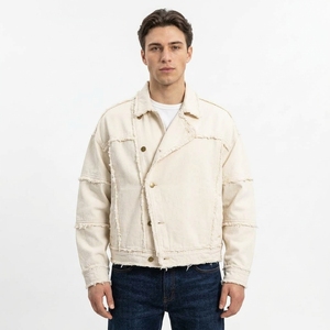 Vestes en jean boutonnées décontractées de haute qualité, confortables, avec poches surpiqûres nettes, en toile blanc écru naturel, coupe ajustée. - Product Image 1