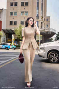 Women's Beige 2 Piece Suit <b>Set</b> Short Sleeve <b>Blazer</b> Flare Pants Elegant Office Wear Solid Color Crew Neck Button PANSY - Product Image 2