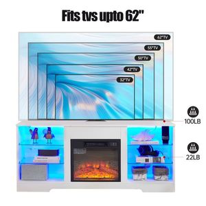 Modern Electric Fireplace TV Stand with Glass Shelves 3D LED Lights Wood USB Charging Outlet Sleek Design - Product Image 2