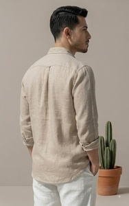 <b>Men</b> Beige Cotton Poplin Full Sleeve <b>Shirt</b> Turn-down Collar Casual Breathable Summer Wear Solid Color Woven Fabric - Product Image 2