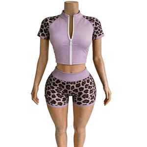 Custom Women Leopard Print 3 Piece <b>Short</b> Set Zip Front Crop Top Biker <b>Shorts</b> Headband Tracksuit Casual Summer Slim Fit - Product Image 2