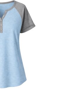 T-shirt pour femme bleu ciel gris à manches courtes, col Henley, manches raglan, en coton doux, décontracté, respirant, confortable, pour l'été et le quotidien - Product Image 5