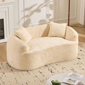 Divano Curvo Beige per Due Persone con Braccioli per Appartamenti di Piccole Dimensioni, Include Due Cuscini - Product Image 5
