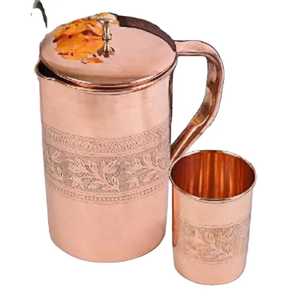 Hammered Copper Pitcher with Curved Handle Narrow Neck <b>Tall</b> Body Rustic Handcrafted Drinkware Traditional - Product Image 3