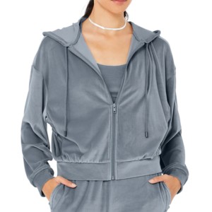 Haut court zippé à capuche gris uni pour femme, en coton tricoté, doublé polaire, style urbain, pour l'automne - Product Image 2