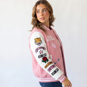 Veste universitaire pour femme avec logo personnalisé, manches en cuir blanc, coupe-vent en laine, manches amovibles, veste d'hiver en soie et lin, vente en gros - Product Image 6