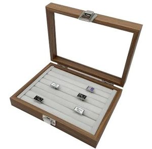 Wooden Jewelry <b>Case</b> with Glass Lid 7 Compartments Velvet Ring Box for Rings, <b>Earrings</b> - Product Image 4