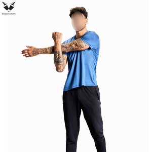 Camiseta de Punto de Manga Corta con Cuello Redondo, Ajustada, Azul, para Hombre, de Secado Rápido, Informal, de Color Sólido, para Hacer Ejercicio en el Gimnasio, del Mejor Proveedor - Product Image 4