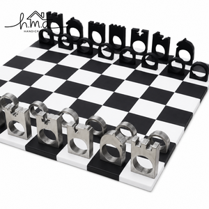 <b>Black</b> And Gold Brass Chess Set With Cylindrical Geometric Pieces Round Marble Tabletop <b>Board</b> Luxury Decor Game - Product Image 2