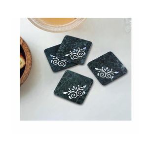 Handmade Tea <b>Coaster</b> Set of 4 Mother of Pearl Floral Pattern Bone Inlay on Glass with Holder for Drink Coffee Table - Product Image 1