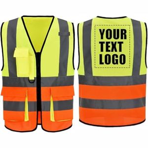 Gilet de sécurité réfléchissant pour homme, jaune orange, en polyester, fermeture éclair, col en V, vêtement d'extérieur décontracté avec poches - Product Image 6