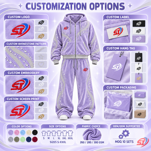 Ice Lavender Dream Custom 100% Cotton Velour <b>Velvet</b> Unisex <b>Tracksuit</b> 280 GSM Rhinestone Crystal Hoodie Pants OEM Streetwear - Product Image 6