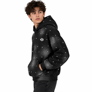 Sweat à capuche noir personnalisé de qualité supérieure avec strass, pour homme, coupe oversize, style streetwear, effet délavé, motif graphique, tendance - Product Image 3
