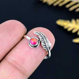 Pink Oyster Turquoise Leaf <b>Ring</b> 925 Sterling Silver <b>Adjustable</b> Boho Statement Jewelry Gift for Her - Product Image 5