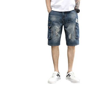 Shorts cargo déchirés bleu clair pour homme, taille mi-haute, fermeture boutonnée, style décontracté, en coton tissé, longueur Bermuda - Product Image 6