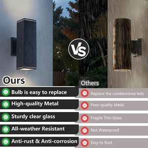 Lampada da Parete Moderna per Esterni Mirrea a 2 Luci, Tubo Rettangolare in Alluminio con Copertura in Vetro Temperato, Impermeabile per Portico e Patio - Product Image 6