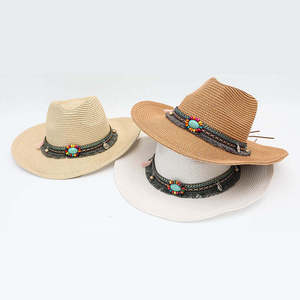 Chapeau de cowboy occidental vintage bohème en paille turquoise perlée, style décontracté pour femme, idéal pour l'été et la plage - Product Image 1
