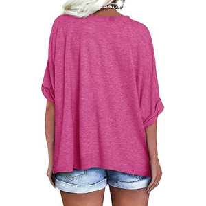 Camiseta Unisex Rosa de Corte Holgado con Hombros Caídos, Color Sólido, Manga Corta, Cuello Redondo, Tejido de Algodón Ecológico, Primavera Verano - Product Image 1